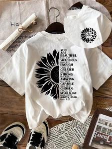 Women's Sunflower & Letter Print Round Neck Tee, Fashion Casual Crew Neck T-shirt for Daily Holiday Vacation Outdoor Wear, Ladies Clothes for Summer