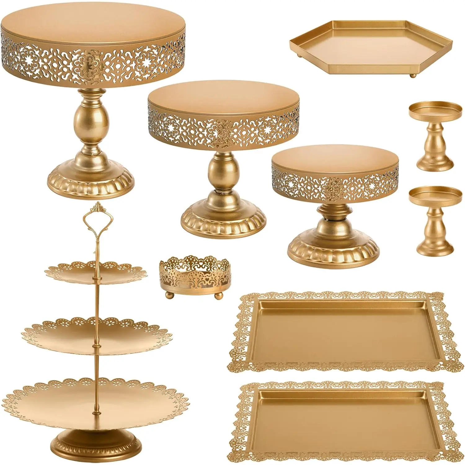 NEW 10 Pieces Gold Cake Stand Set, Metal Round Cupcake Holder Dessert Display Plate Serving Platter, Dessert Table Stands and Trays Set for Christmas, Wedding, Birthday, Anniversary, Tea Party