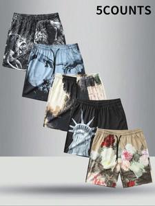 Men's Floral & Statue Of Liberty Print Shorts, Regular Fit Casual Comfy Breathable Shorts, Men's Bottoms for Summer