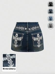 Women's Y2K Vintage Mini Denim Skirt With Pocket,Stretch Skirt,Cross & Wing Embroidery,Comfortable and Stylish  Wear