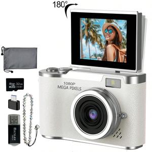 Foldable Screen Student Camera, Entry-level Digital Camera, Usb Rechargeable Camera, 1080P Video Recording, Includes Bracelet Pendant and Stickers, Compact Video Camera With Flip Screen, Retro-Style Photos, 32GB Storage Card