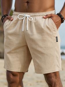 Men's Corduroy Casual Shorts, Drawstring Waist Design, Summer Beach Shorts, Side Pockets, Loose-Fitting, Asymmetrical Style, Elastic Waist Shorts