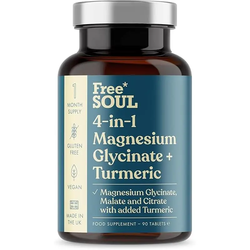 Magnesium Glycinate + Turmeric 4-in-1 Complex | Triple-Strength Magnesium Supplements with 1322mg Bisglycinate, Citrate, Malate & 2000mg Turmeric | 90 Vegan Tablets | Gluten-Free | UK Made | Free Soul