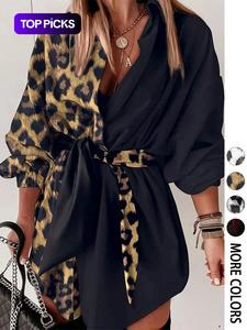 Women's Leopard Print Patchwork Tie Front Shirt Dress, Casual Long Sleeve Button Front Dress, Elegant Summer Fashion for Women