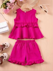 Toddler Girl's Textured Frill Ruffle Trim Two-piece Set, Sleeveless Keyhole Neck Tank Top & Elastic Waist Shorts, Casual Summer Outfits Clothes for Kids,  Cute Clothes