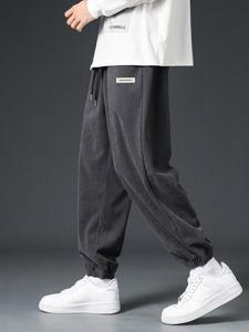 Men's Letter Label Drawstring Waist Corduroy Pants, Loose Casual Comfy Pocket Jogger Pants for Fall & Winter, Men's Trousers for Daily Wear