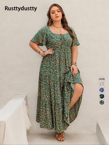 Plus Size Floral Print Ruffle Trim Tie Front Dress, Boho Butterfly Sleeve Square Neck A Line Casual Dress for Beach Vacation Holiday, Women's Clothes for All Seasons