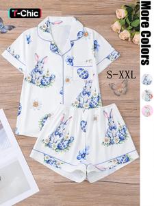 Women's Easter Egg and Rabbit Print Shirt & Elastic Waist Shorts Pyjama Set, Casual Comfy Short Sleeve Top & Shorts Pj Set, Ladies Sleepwear for All Seasons