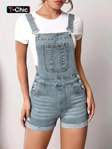 Women's Solid Color Button Fly Denim Overalls, Casual Comfy Skinny Overalls for Daily Wear, Ladies Clothes for Summer, Dungarees