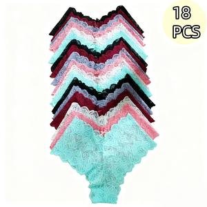 18/12PCS Solid Color Lace Translucent Briefs V-Shaped Knitted Bikini  for Daily Wear/All Seasons/ Multipacks Women's Floral Lace Sheer Underwear Set Sexy Comfortable Breathable Elastic Elegance  Panties female gifts