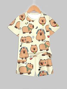 Kids Capybara Cartoon Print Short Sleeve & Shorts Loungewear Set Pajama Lounge Sets