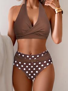 Women's Sexy Coffee Color Polka Dot Bikini Set, Two-Piece Halter Neck Swimsuit for Beach & Vacation, All-Season Wear