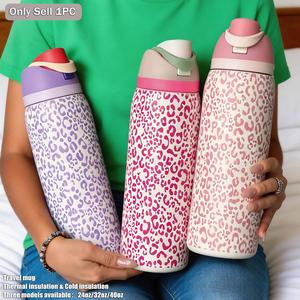 Leopard Rich Sweetheart Theme Insulated Stainless Steel Water Bottle Tumbler, 24oz-40oz, Dual Layer, Double Layer Insulated, Straw Design, Ideal for Sports, Travel, Office