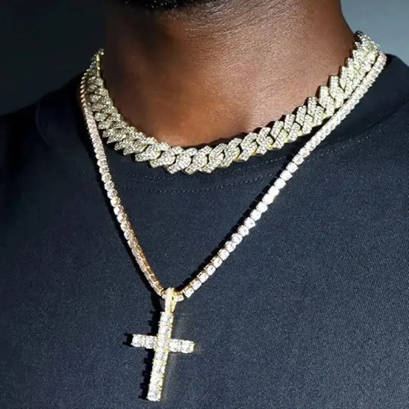 2Pcs Hip Hop Cross Tennis Chain 14MM Prong Cuban Necklace for Men Women Iced Out 2 Row Cuban Link Chain Necklaces Couple Jewelry
