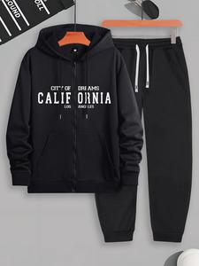 Two-Piece Set Men Outfits, Regular Fit Letter Print Zipper Hoodie & Drawstring Pocket Sweatpants, Casual Fall Clothes for Daily Wear