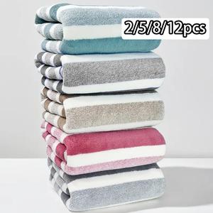 Striped Pattern Bath Towel Sets, 5 Counts/set Soft Absorbent Microfiber Blanket Towel, Quick Drying Towel for Bathroom, Hotel, Salon, Spa, Gym, Home Goods 27.5*55in