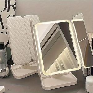Vanity Makeup Mirror with 52 LED Lights, 3X/2X/1X Rechargeable Magnifying Mirror, Touch Screen Stepless Dimmable Color Adjustable Trifold Mirrors, 90° Rotation Portable Cosmetic Vanity Mirrors