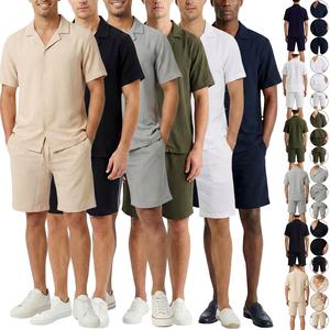 Mens Summer Cotton Crinkle Shirt & Shorts Outfit 2 Piece Short Sleeve Shirt Set Top & Bottom Summer Beach