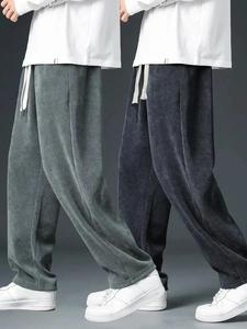 Men's Solid Pocket Drawstring Waist Corduroy Pants, Casual Comfy Straight Leg Trousers for Summer, Mens Bottoms for Daily Wear