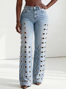 New Summer Autumn European Style Hollow Out Straight Leg Loose Jeans for Women, Trendy Round Ring Design Long Pants, Fashionable Mid Waist Button Fly