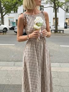 Plaid Strap Tie Waist Elastic Sleeveless Long Dress, Chic Stylish Casual Wear, Perfect for Daily, Comfortable, Aesthetic and Trendy Design, Summer