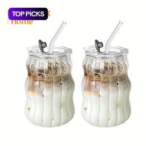 Stylish Glass Cups with Straw & Lid, 1/2 Counts 18oz Wave Bubble Beverage Water Tea Coffee Glasses, Drinking Cup for Home Kitchen Dining Room, Glassware, Drinkware