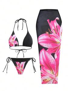 Women's Floral Print Halter Neck Bikini Set, Flower Bikini Sets, Tie Back Swim Bra & Tie Side Swim Panty & Cover Up Skirt Set, Swimwear Set for Beach Holiday Vacation, Y2k Bathing Suit, Floral Pink Bikini, Adjustable Bikini Top
