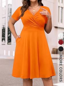 New Spring Summer Women's V Neck Waist Cinching Dress, Side Pockets A-Line Skirt, Elegant Fashion Versatile High-End Slimming Tool