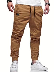 Men's Solid Color Patched Drawstring Waist Jogger Pants, Loose Casual Pocket Trousers for Daily Wear, Fashion Men's Bottoms for All Seasons, Casual Jogging Pants