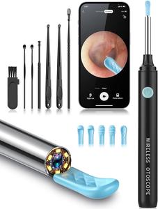 Ear Wax Removal Kit - Ear Cleaner with Camera, Camera with 6 Silicon Ear Spoon with 1080P, Ear Camera with LED Light, Ear Cleaning Kit for iPhone, iPad, Android -Black