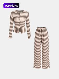 Women's 2-Piece Wide Leg Pants and Long Sleeve Striped Set, Casual Spring & Fall Knit Cardigan, Perfect for Comfort and Fashion