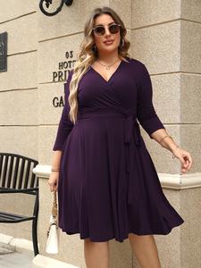 Plus Plain Wrap V Neck Belted A Line Dress, Women's 3/4 Length Sleeve Solid Dress, Ladies Spring & Fall Clothes