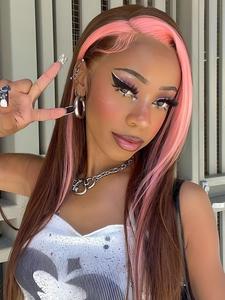 28 Inch Long Highlight Straight Glueless Wigs, Pride 2025, LGBTQ, Lace Front Wigs for Women, Pre-plucked Wigs without Bangs, for Summer Party, Daily Use, Glueless Half Wig