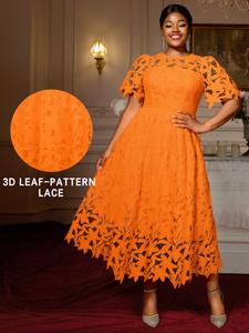 Elegant Lace Floral Dress, Round Neck Hollow Out Cocktail Party Gown, Plus Size Women's Evening Wear, Romantic Style