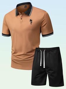 Two-Piece Set Men's Palm Tree Print Polo Shirt & Drawstring Waist Pocket Shorts Set, Regular Fit Casual Short Sleeve Top & Shorts, Men Outfits for Summer