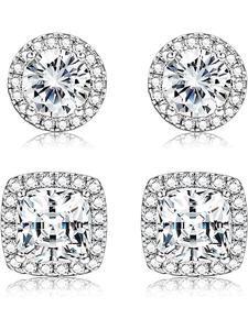 2 Pairs 925 Sterling Silver Mens Earrings Cubic Zirconia Halo Stud Earrings for Men 18K Gold Plated Heart/Round/Square Cut CZ Stud Earrings Set for Women Men Stud Earring Jewelry Stud Earring Pack