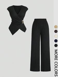 2 Piece Black Textured Co-ord Set, Elegant Wrap V-neck Crop Top & Wide Leg Pants