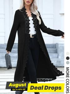 Women's Contrast Lace Open Front Longline Coat, Casual Long Sleeve Ribbed Outerwear for Spring & Fall, Ladies Clothes for Daily Wear, Glamorous Black Cardigans