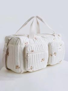 Cute Bear Embroidered Cream White Multifunctional Travel Duffels Bag, Large Capacity and Multiple Pockets, Portable Crossbody Gym Bag, Multi-compartment Fashionable and Exquisite Crossbody Bag, Suitable for Short Trips, Etc.