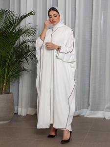 Arabic Clothing-Contrast Binding Batwing Sleeve Open Front Abaya Without Hijab, Maxi Arabian Robe Loose Abayas for Festive Holiday Wear, Muslim Islamic Clothes for Women