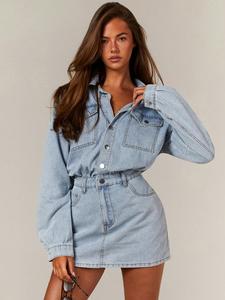 Women's Light Blue Denim Dress, Shirt Collar Design, Long Sleeves, Waist-Cropped Fit, Perfect for Summer Vacation, Ideal for Various Body Types