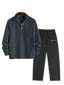 Men's Solid Long Sleeve Polo Shirt & Pants Corduroy Set, Casual Pocket Top & Trousers for Spring & Fall, Men's Clothes for Daily Wear, Winter outfits