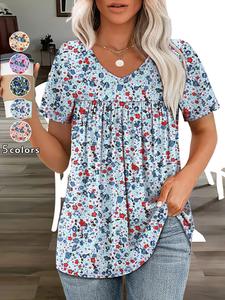 Fashionable Plus Size Floral V-Neck Short Sleeve T-Shirt, Casual Loose Fit Pleated Top, Women's Stylish Everyday Wear