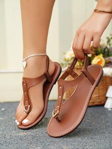 Women's Summer 2024 Plain Pu Leather Rivet Design Toe Thong Sandals, Bohemian Trending Sandals, 1 Pair Casual Vacation Beach Sandals for Women & Girls, Lightweight Breathable Comfortable Shoes for Students Outdoor