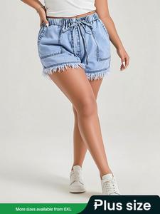 【Plus Size】 Pocket Drawstring Waist Raw Trim Denim Shorts, Casual Fashion Shorts for Everyday Daily Wear, Women's Bottoms for Summer