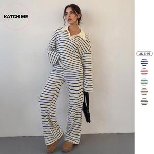 Katch Me Look Women's Casual Color Matching Stripe Long Sleeve Top & Wide Leg Trousers Co-ord, Soft V-Neck Loose Two Piece Outfits, Comfortable Womenswear