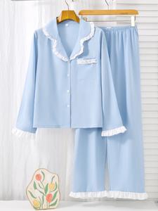 Elegant Blue Patchwork Lace Casual Homeewear Sleepwear Set, Simple and Stylish Women's Pajamas, Comfortable and Chic Nightwear