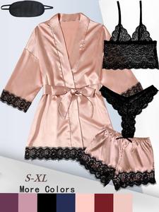 5 Counts Women's Contrast Lace Satin Pyjama Set, Casual Cami Top & Thong & Belted Wrap Lounge Robe & Bow Elastic Waist Shorts & Eye Mask Set, Pajama Sets Women, Lounge Sets, Women's Loungewear Set, Bedroom Pajamas for Married Women, Nightwear