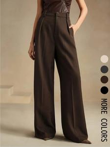 Women's Solid Color Minimalist High Waist Wide Leg Pants, Inner Pleated Design, Loose Fit Business Casual Trousers, Comfortable Office Wear