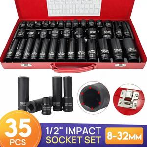 35Pcs DEEP IMPACT Socket Set 1/2" Inch Drive Long Reach Impact Sockets 8mm-32mm Metric